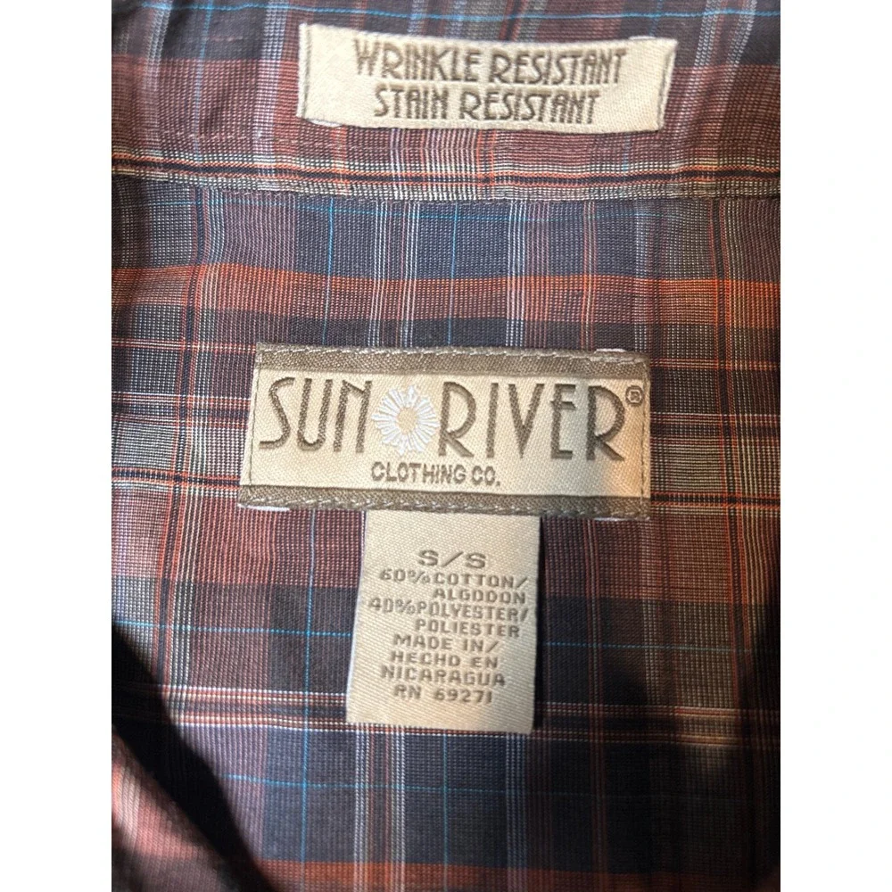 SunRiver Mens Small Brown Plaid Button Down Shirt Wrinkle Stain Resistant